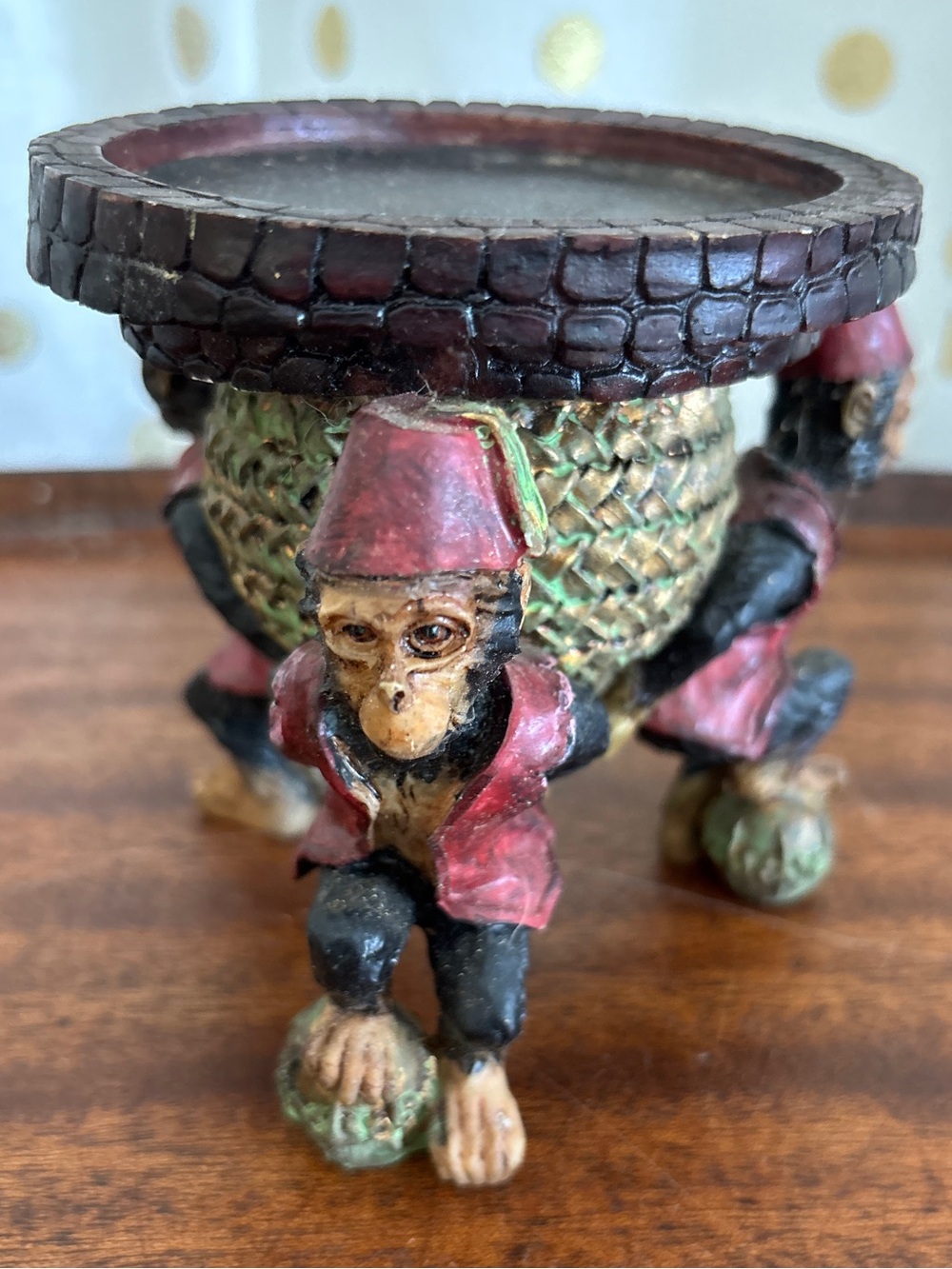 Vintage Dezine Ltd 90s Bellhop Fez Monkeys Pillar Candle Holder Trinket Dish 5in